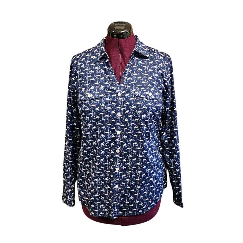 Croft & Barrow Size Large Long Sleeve Novelty ⁿSwan Print Navy V-Neck Button Up